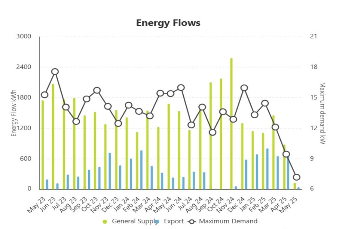 A year of household energy flows — supply, export and maximum demand